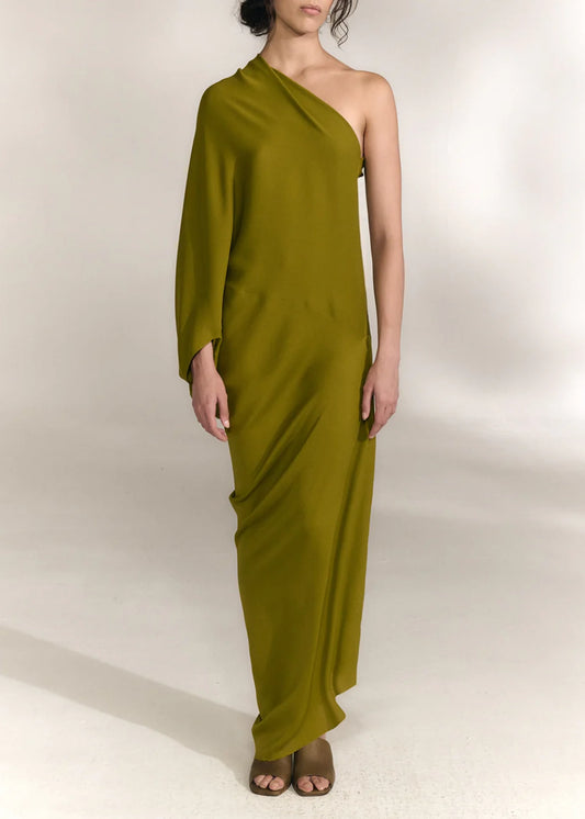 Cortana-Delore-gold-olive-asymmetrical-silk-dress