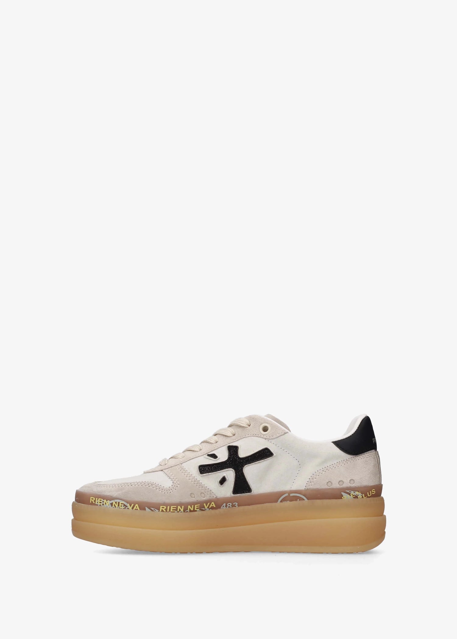 A low-top platform sneaker by Premiata, featuring a cream and beige suede and mesh upper, a black cross logo on the side, gold-tone hardware, and a thick tan gum sole.