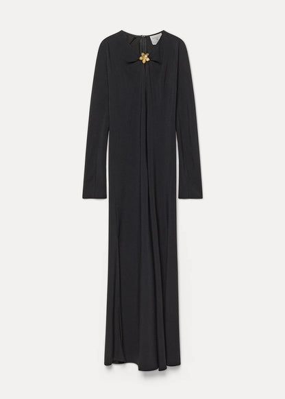 forte-forte-envers-satin-dress-with-jewel-flower-black