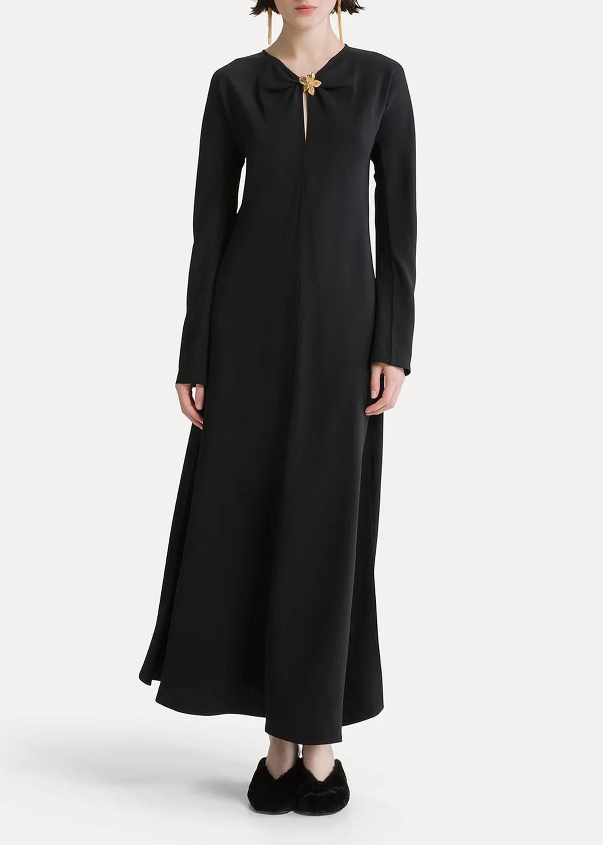 forte-forte-envers-satin-dress-with-jewel-flower-black